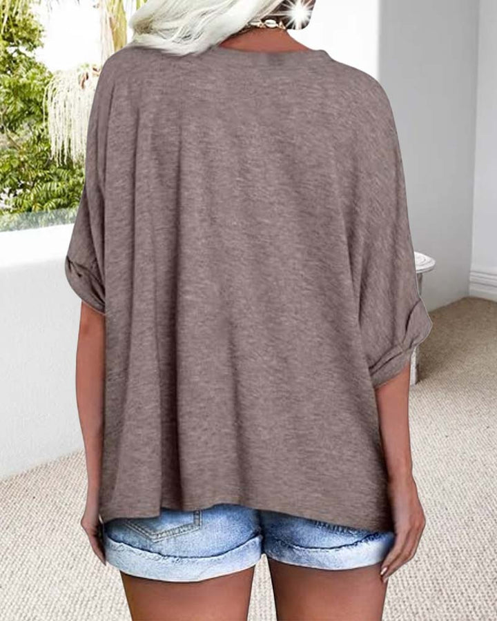 T-Shirt Col En V Ourlet Roulé Manches Courtes Large