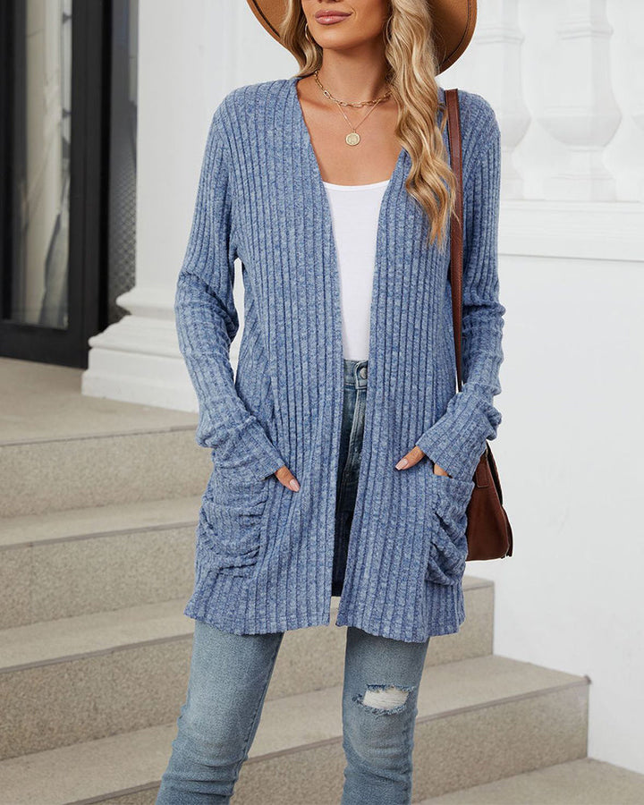 Cardigan décontracté à manches longues et poches de couleur unie