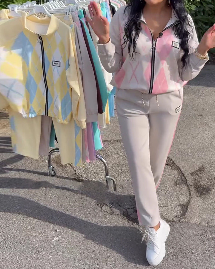 Ensemble Deux Pièces Haut À Zip Et Pantalon À Carreaux