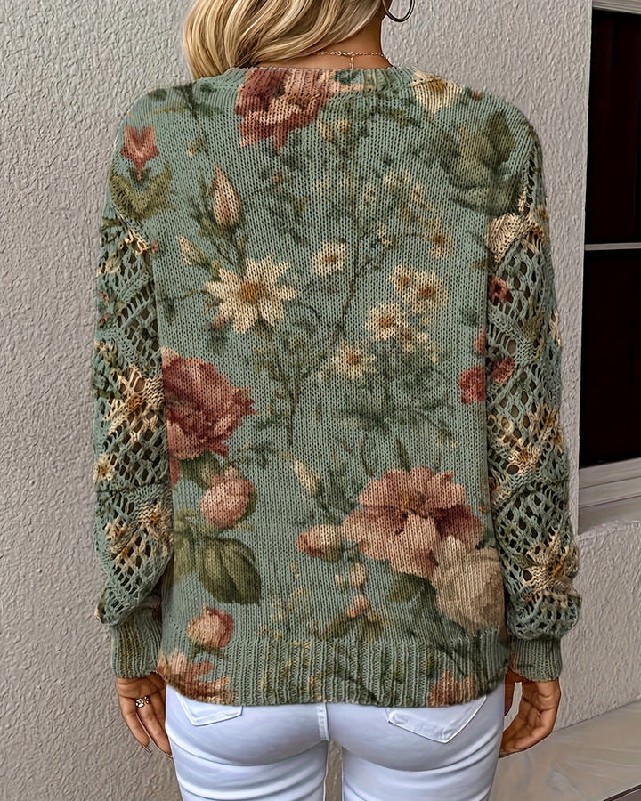 Pull Jacquard Col V Ajouré Manches Longues