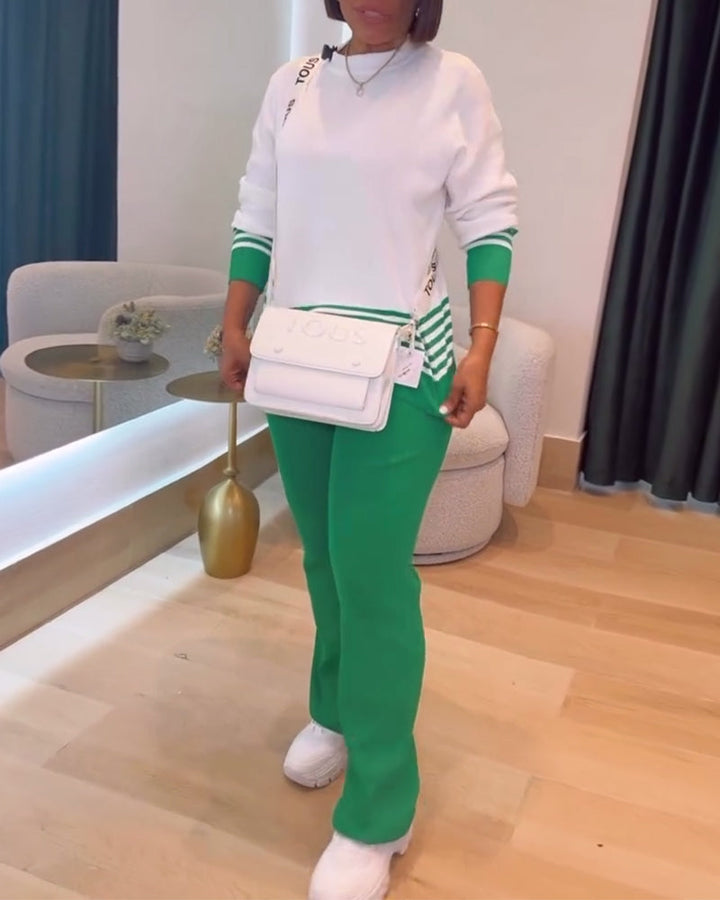 Pull Rayé Contrasté Pantalon Ensemble
