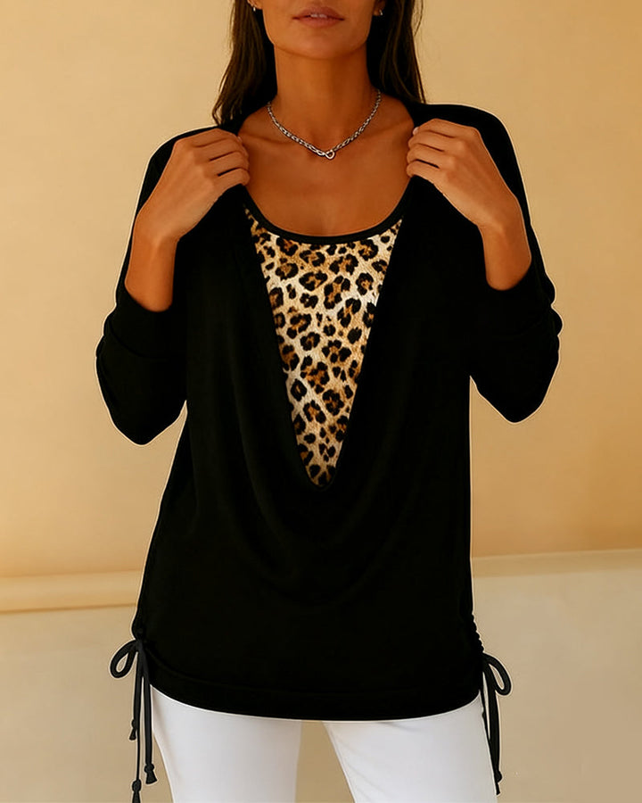 T-shirt faux deux pièces à lacets imprimé léopard