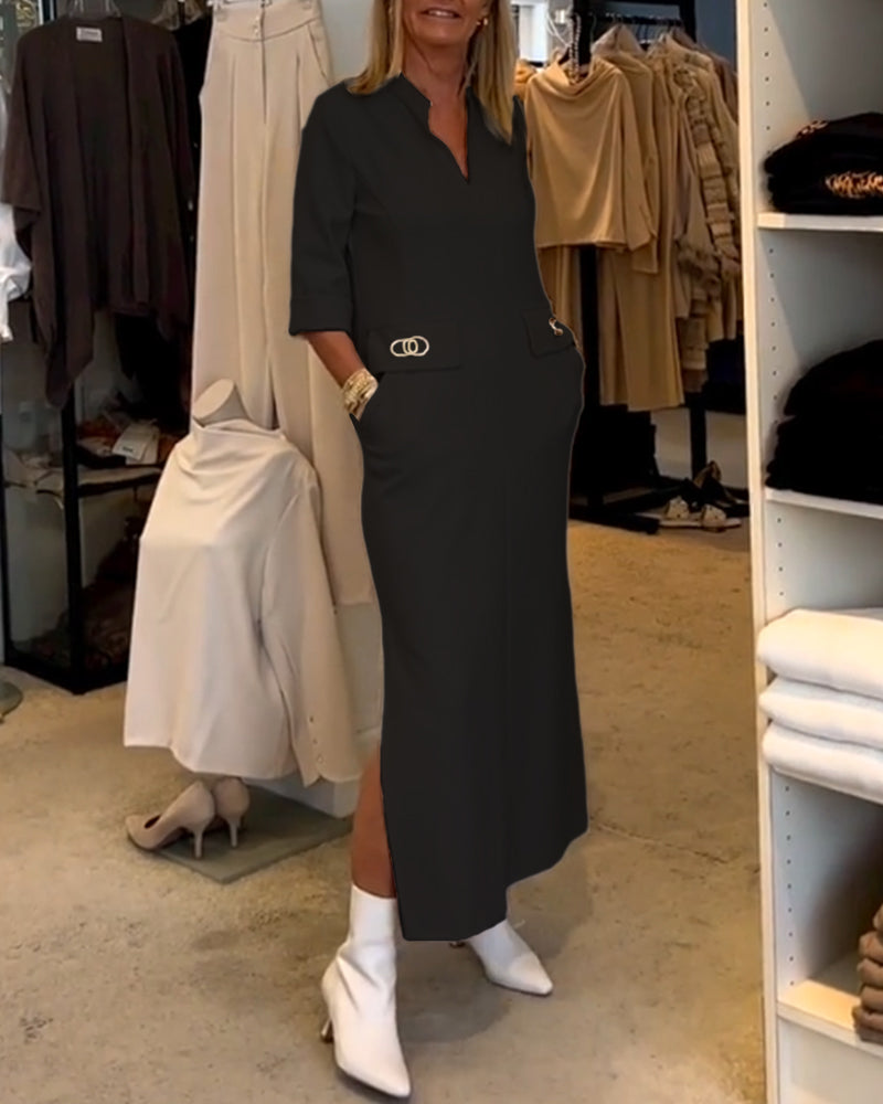 Robe fendue à manches 3/4 de couleur unie