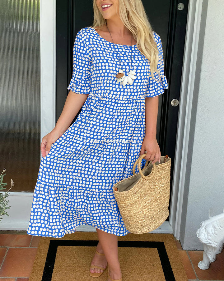 Robe midi col rond imprimé à pois