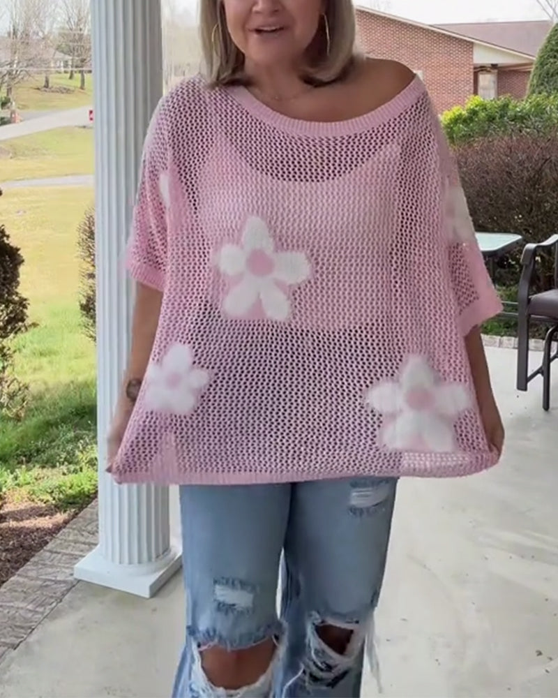 Pull Col Rond Grande Fleur Creuse