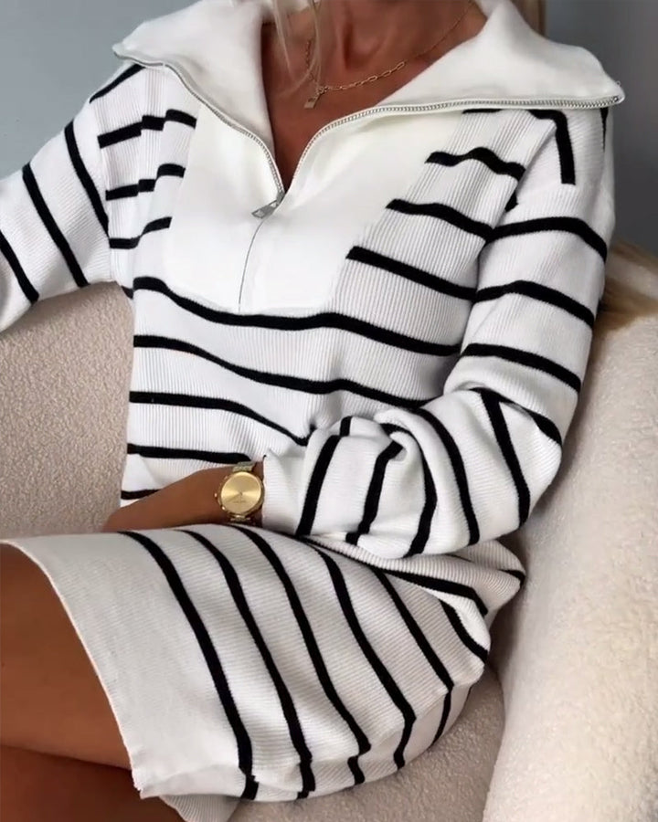Robe pull rayée à fermeture éclair et revers