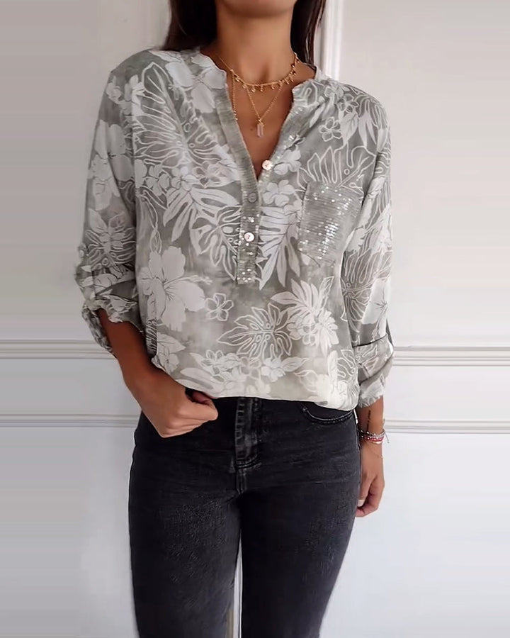 Haut imprimé feuilles à sequins patchwork
