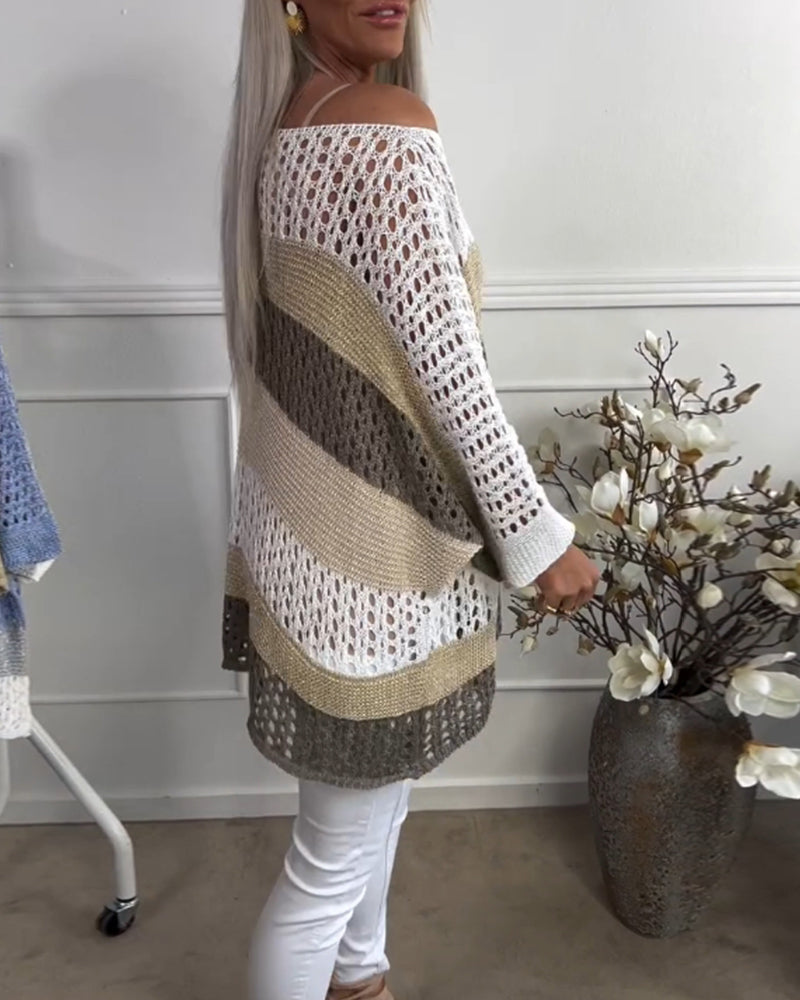 Pull décontracté à manches longues creux avec blocs de couleurs