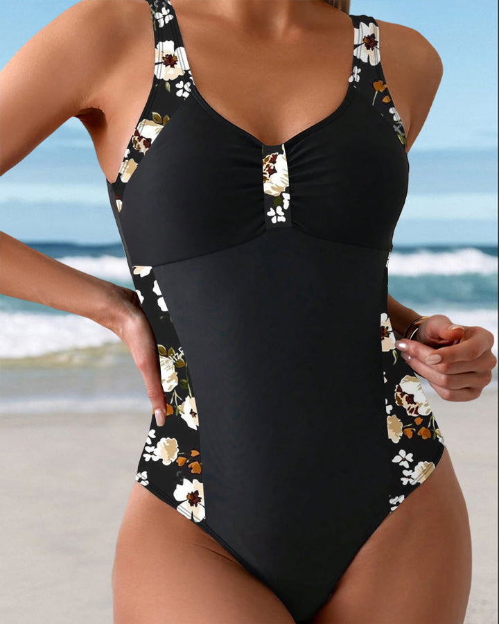 Maillot de Bain Sans Manches Imprimé Contraste Une-Pièce