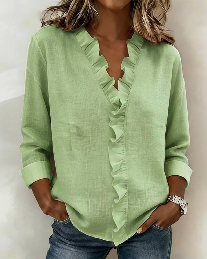 Blouse Froncé Col En V Manches Longues