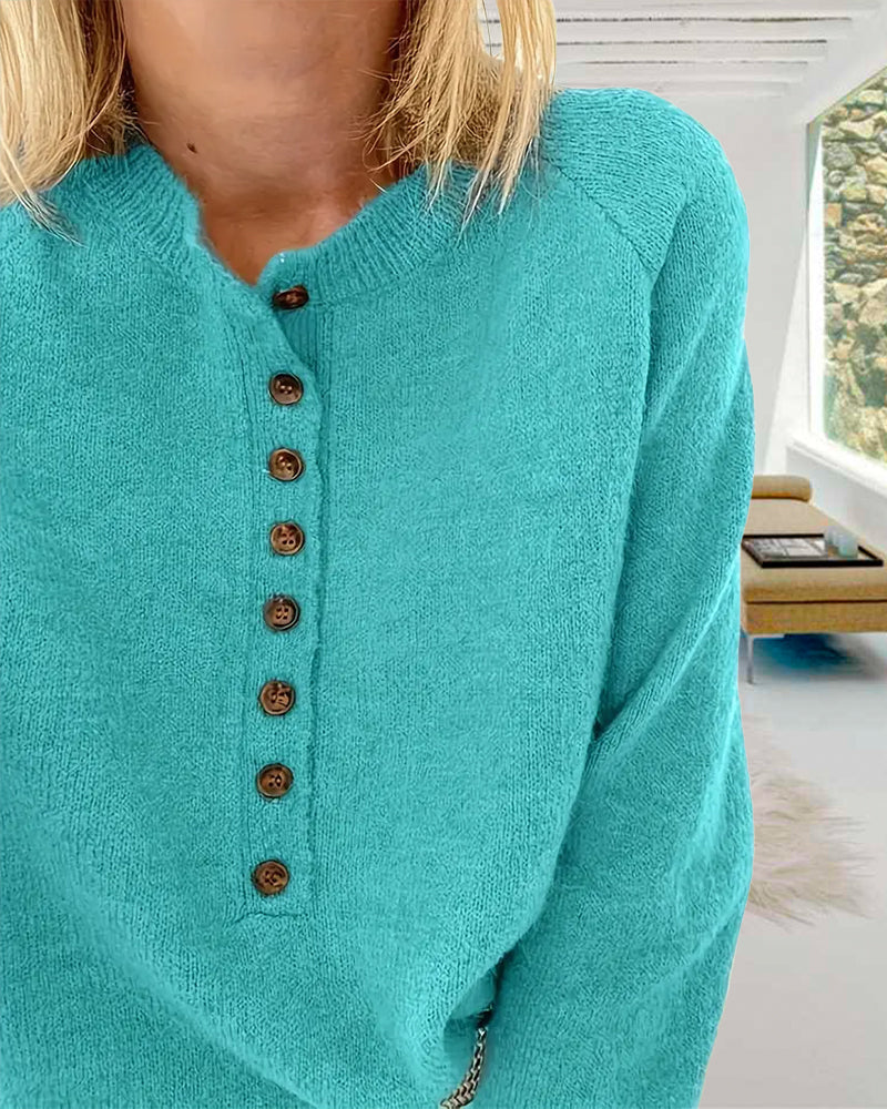 Pull décontracté à simple boutonnage de couleur unie
