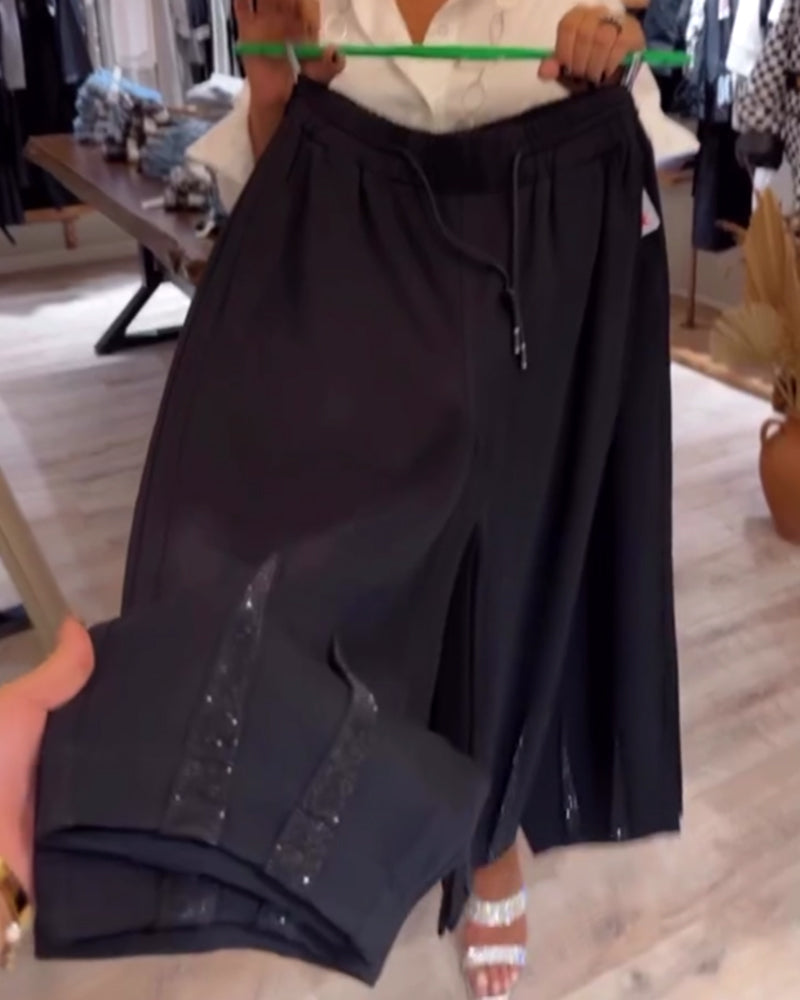 Pantalon décontracté uni avec cordon de serrage et patchwork de paillettes