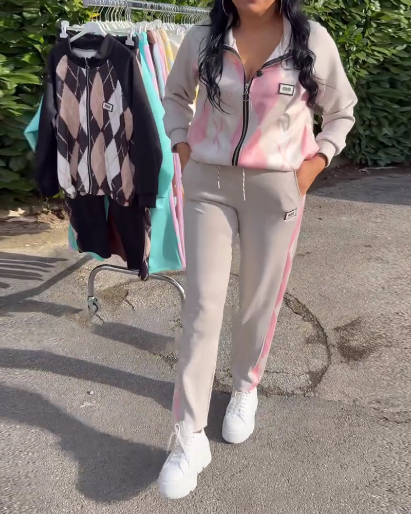 Ensemble Deux Pièces Haut À Zip Et Pantalon À Carreaux