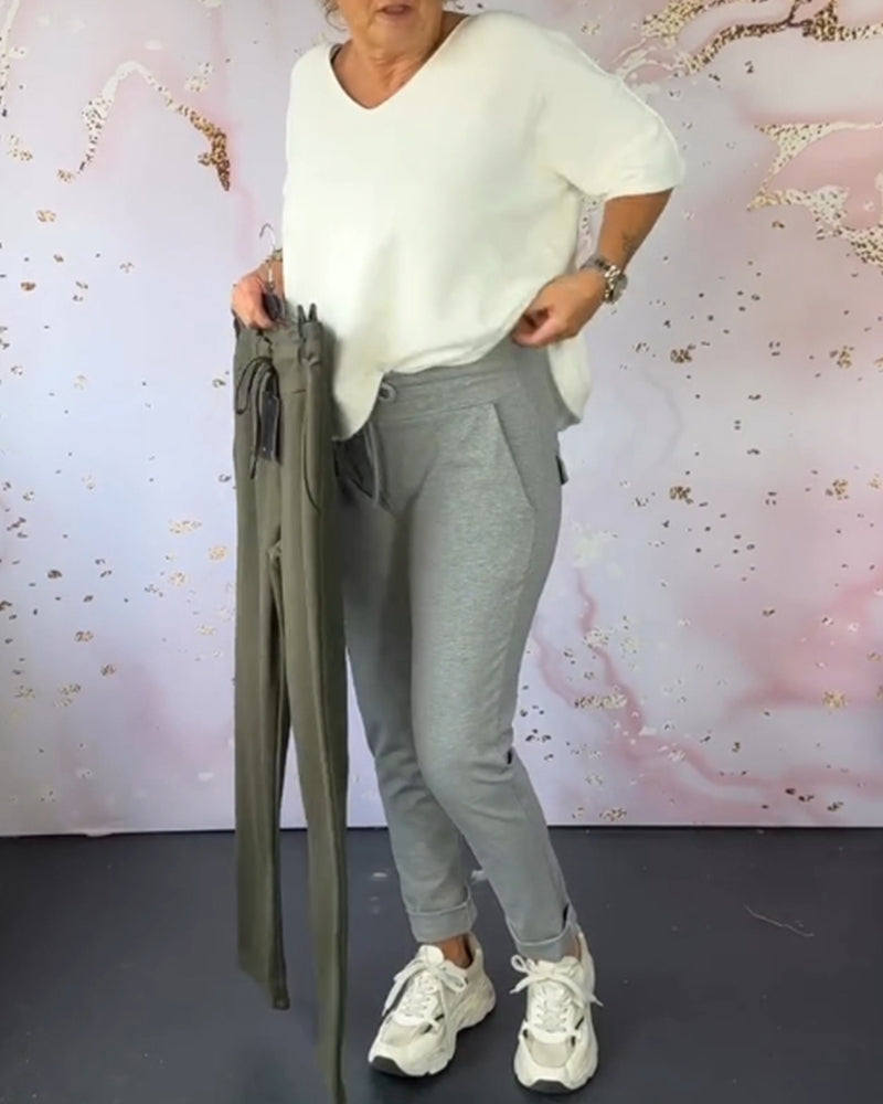 Pantalon décontracté de couleur unie avec cordon de serrage et poche