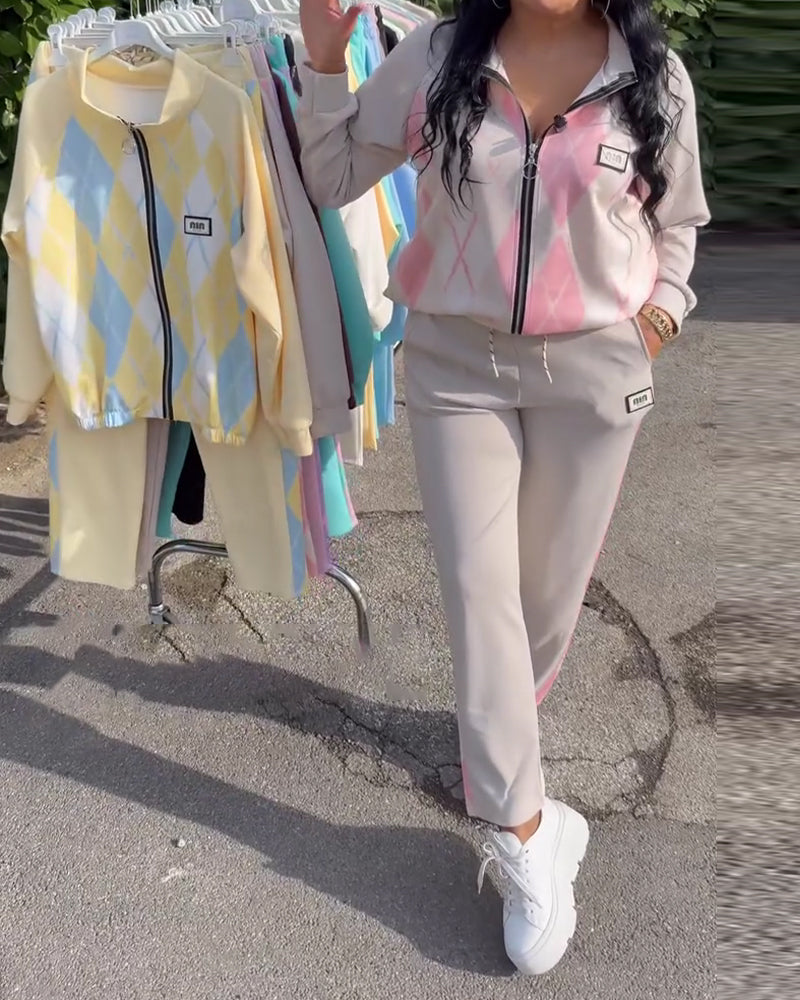 Ensemble Deux Pièces Haut À Zip Et Pantalon À Carreaux