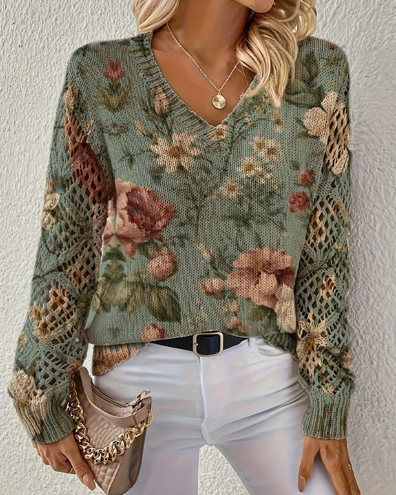 Pull Jacquard Col V Ajouré Manches Longues