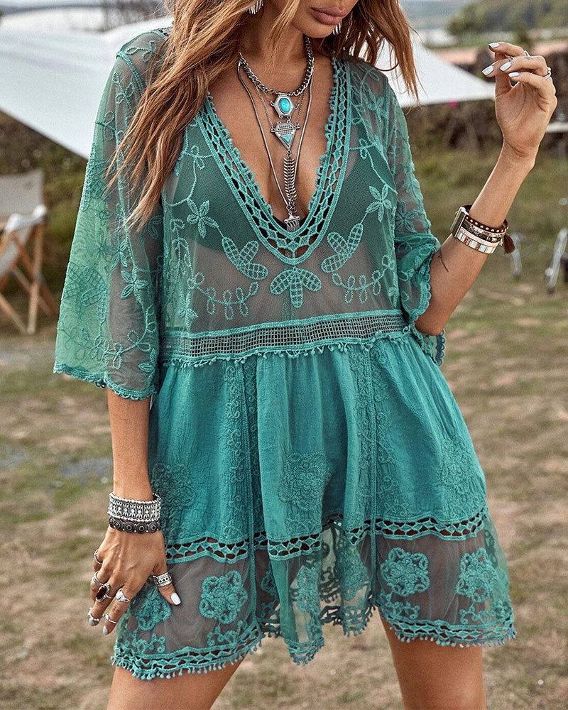Smock V-Neck Brodé En Dentelle
