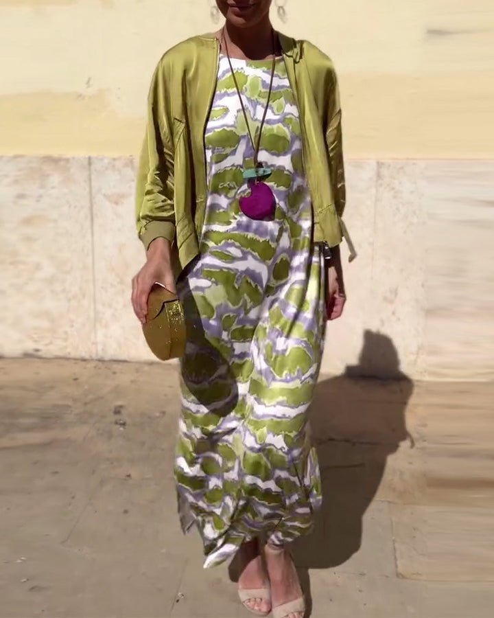 Ensemble Robe Imprimée Sans Manches Et Manteau