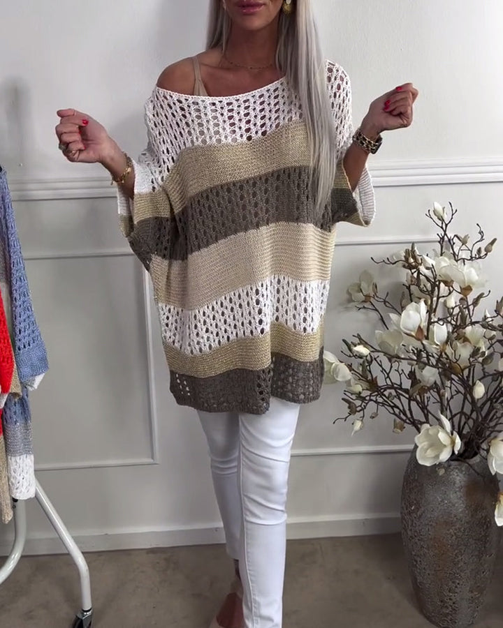 Pull décontracté à manches longues creux avec blocs de couleurs