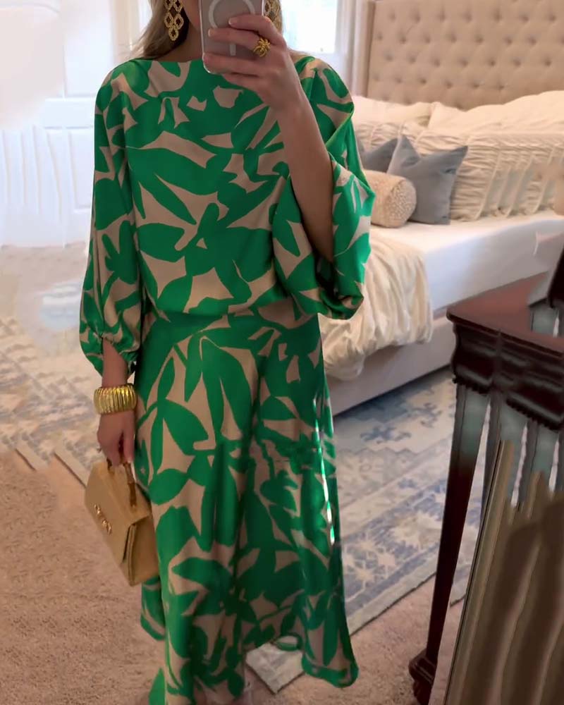 Ensemble Robe Décontractée Imprimé Manches Lanterne Tempérament