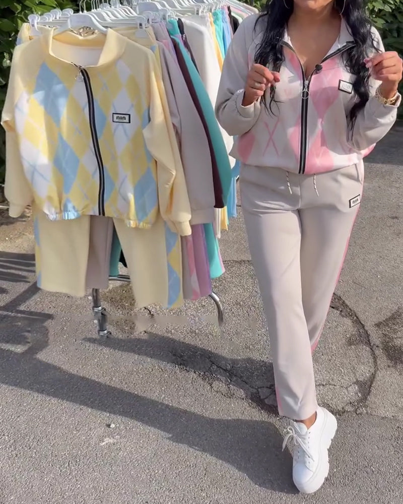 Ensemble Deux Pièces Haut À Zip Et Pantalon À Carreaux