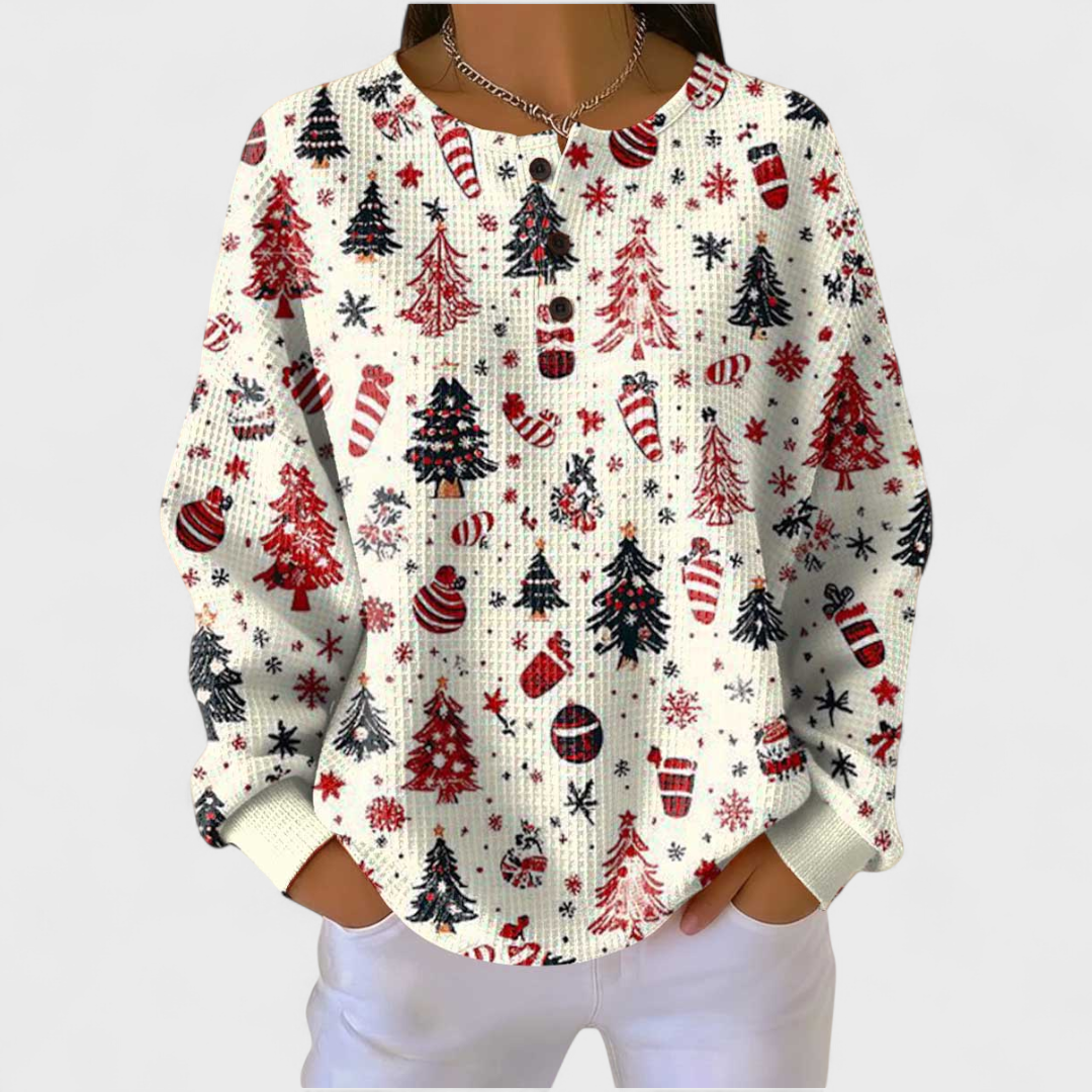 Anna - Pull crème à motif sapin de Noël