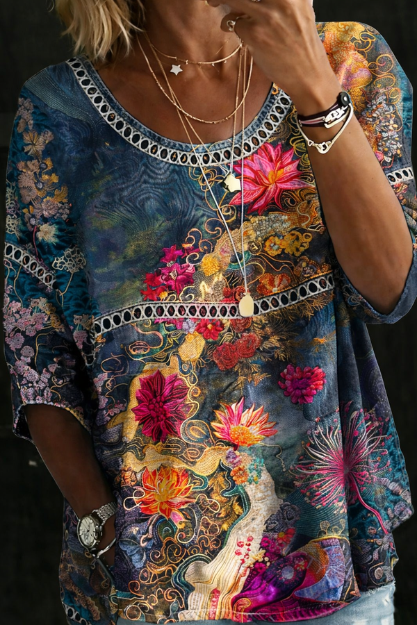 Adèle | Blouse en denim à fleurs vintage
