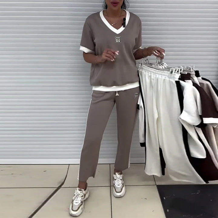 Costume Décontracté Col En V Couleur Contrastée Sport