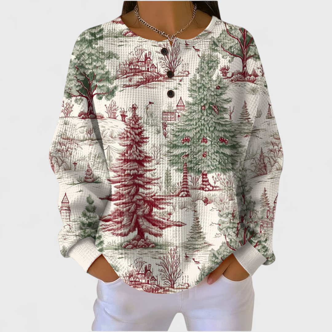 Louna - Pull crème à motif forêt d'hiver