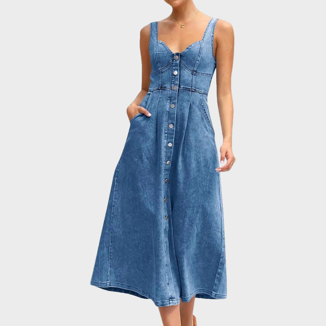 Capucine | Robes en denim sans manches classiques avec boutons devant