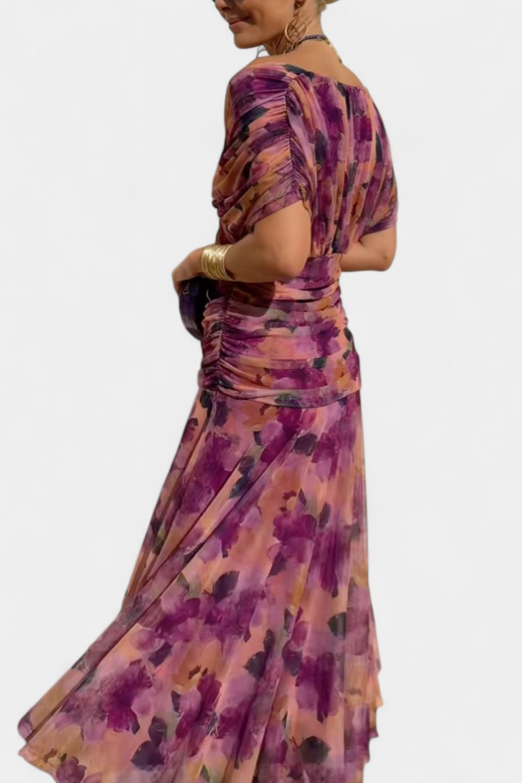 Inès | Longue robe fleurie avec encolure cœur