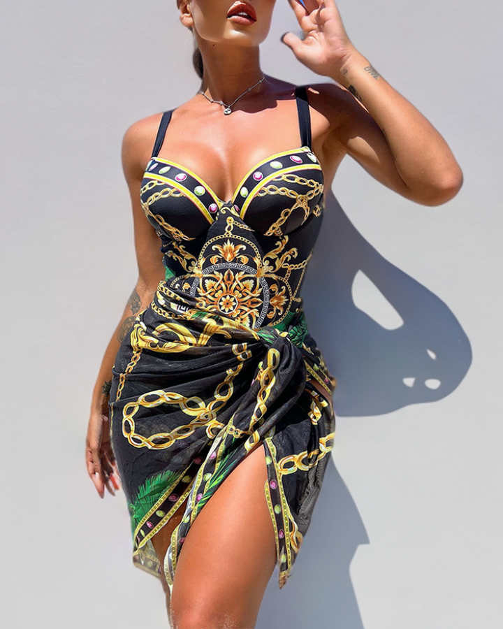 Josselyn | Maillot de bain push-up avec détail chaîne et jupe de plage assortie pour femme