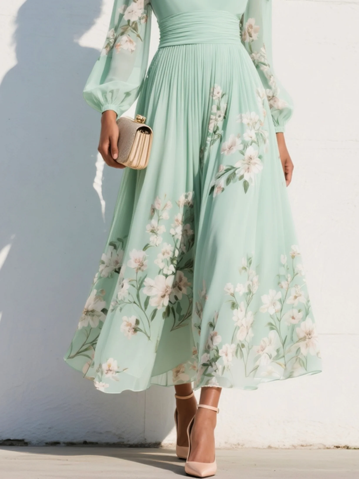 Camille | Robe Midi Vert Clair en Mousseline avec Plissé Floral