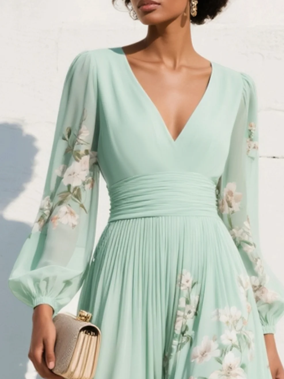 Camille | Robe Midi Vert Clair en Mousseline avec Plissé Floral