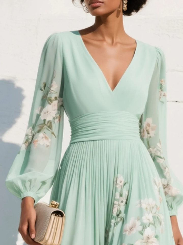 Camille | Robe Midi Vert Clair en Mousseline avec Plissé Floral