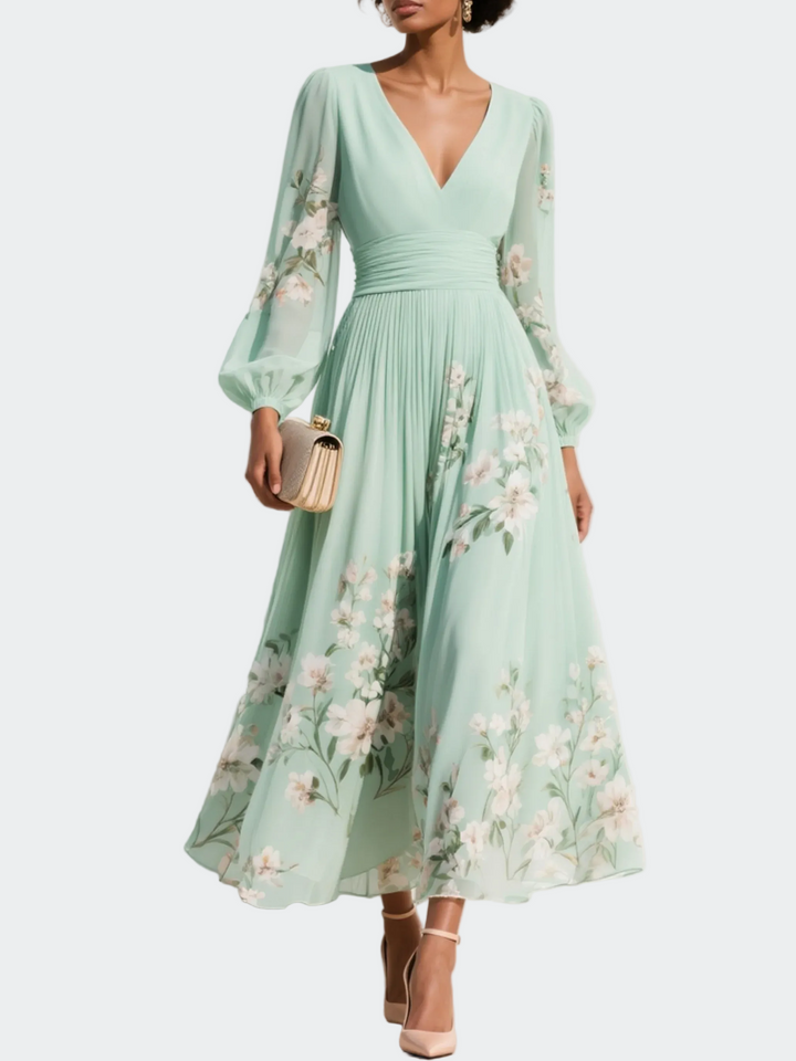 Camille | Robe Midi Vert Clair en Mousseline avec Plissé Floral