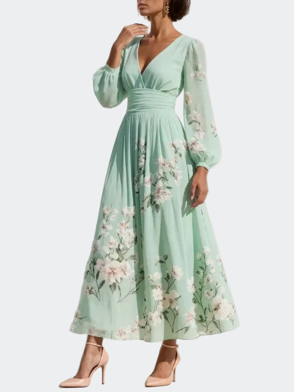 Camille | Robe Midi Vert Clair en Mousseline avec Plissé Floral