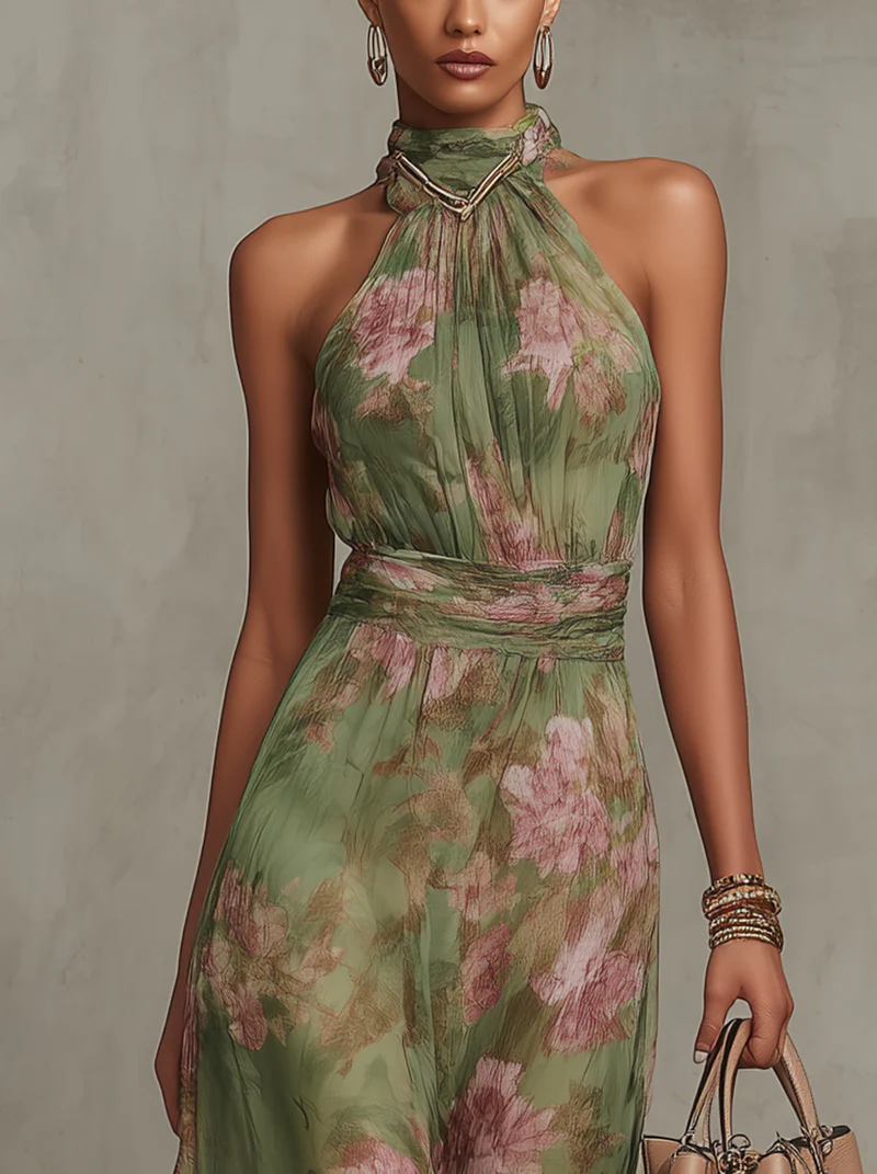 Léa | Élégante Robe Maxi Halter Fleurie