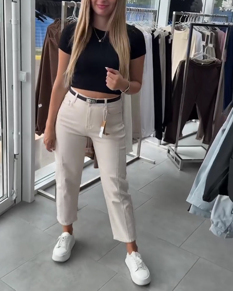 Pantalon Taille Haute Décontracté Jambe Droite
