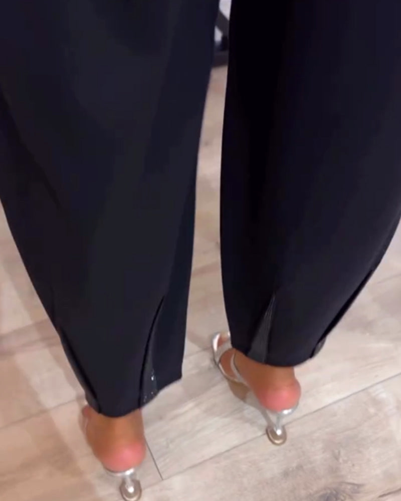 Pantalon décontracté uni avec cordon de serrage et patchwork de paillettes