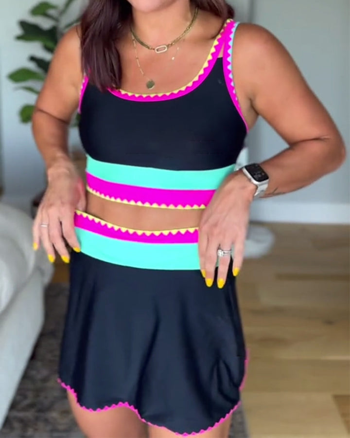 Maillot de bain trois pièces élégant à blocs de couleurs