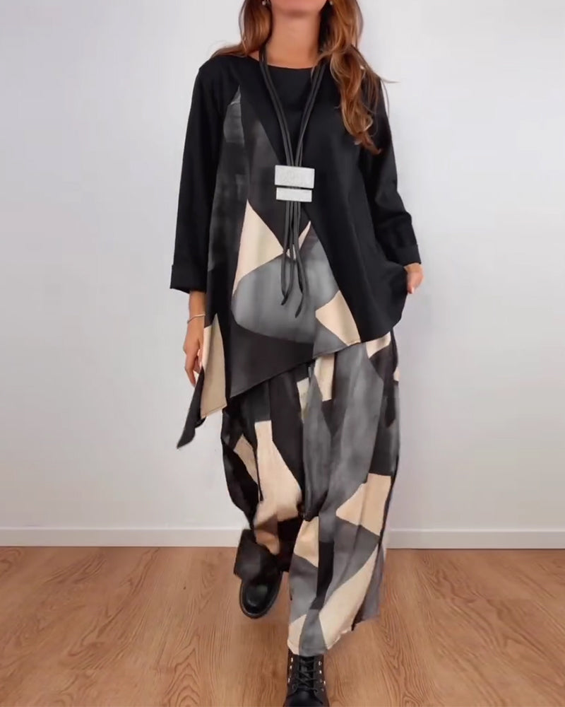 Ensemble Deux-Pièces Imprimé Géométrique Décontracté Pantalon Large