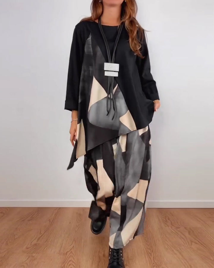 Ensemble Deux-Pièces Imprimé Géométrique Décontracté Pantalon Large
