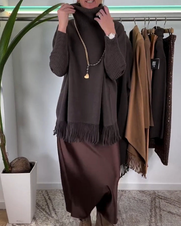 Pull à col roulé et franges de couleur unie