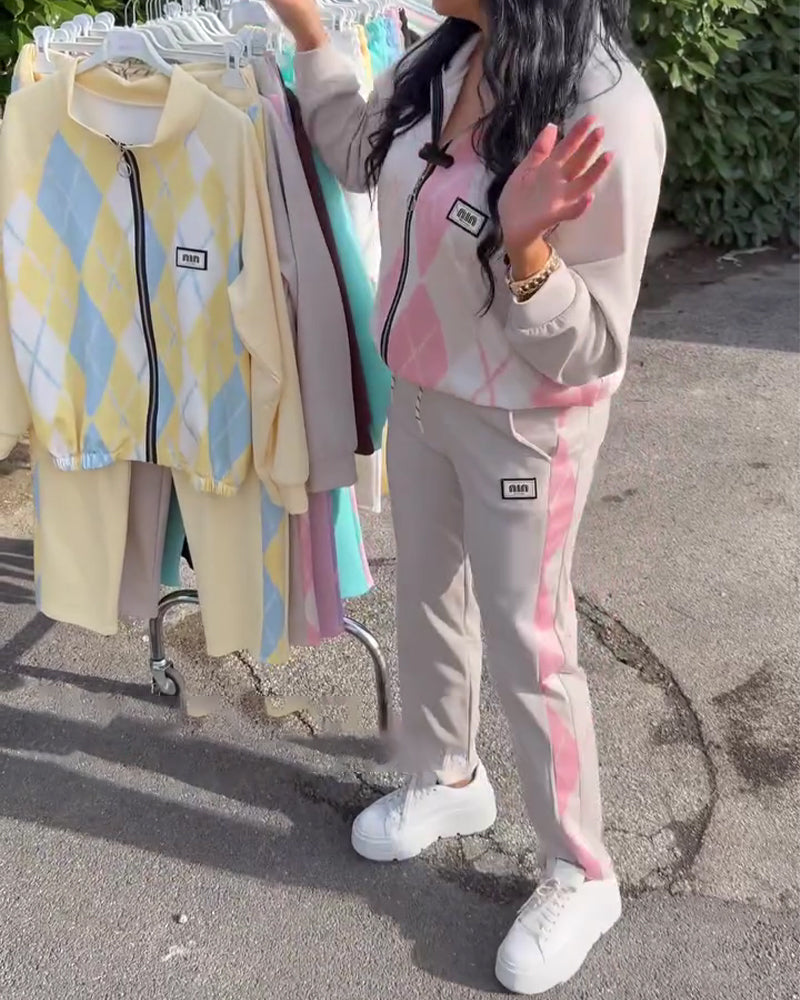 Ensemble Deux Pièces Haut À Zip Et Pantalon À Carreaux
