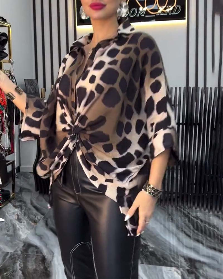 Blouse de tempérament imprimé léopard à revers