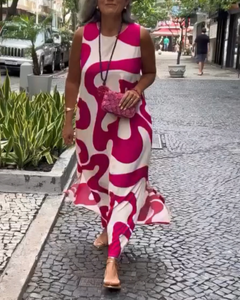 Robe Sans Manches Col Rond Avec Imprimé Géométrique