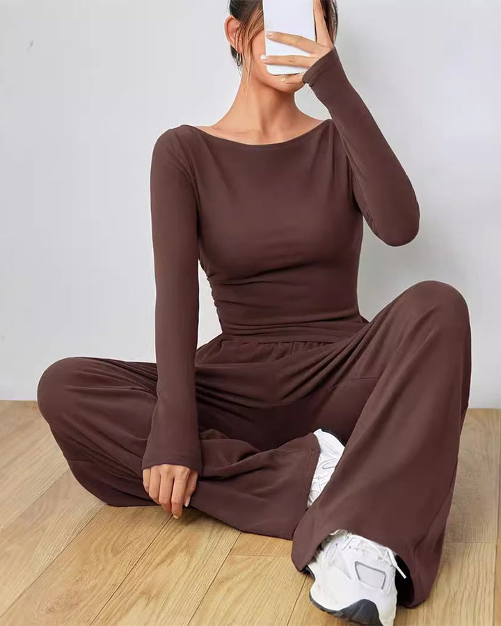 Ensemble deux pièces - haut de couleur unie et pantalon large
