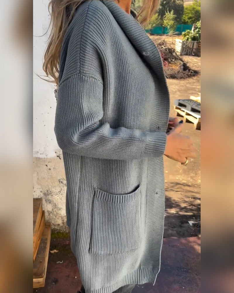 Cardigan décontracté à capuche avec poche boutonnée de couleur unie