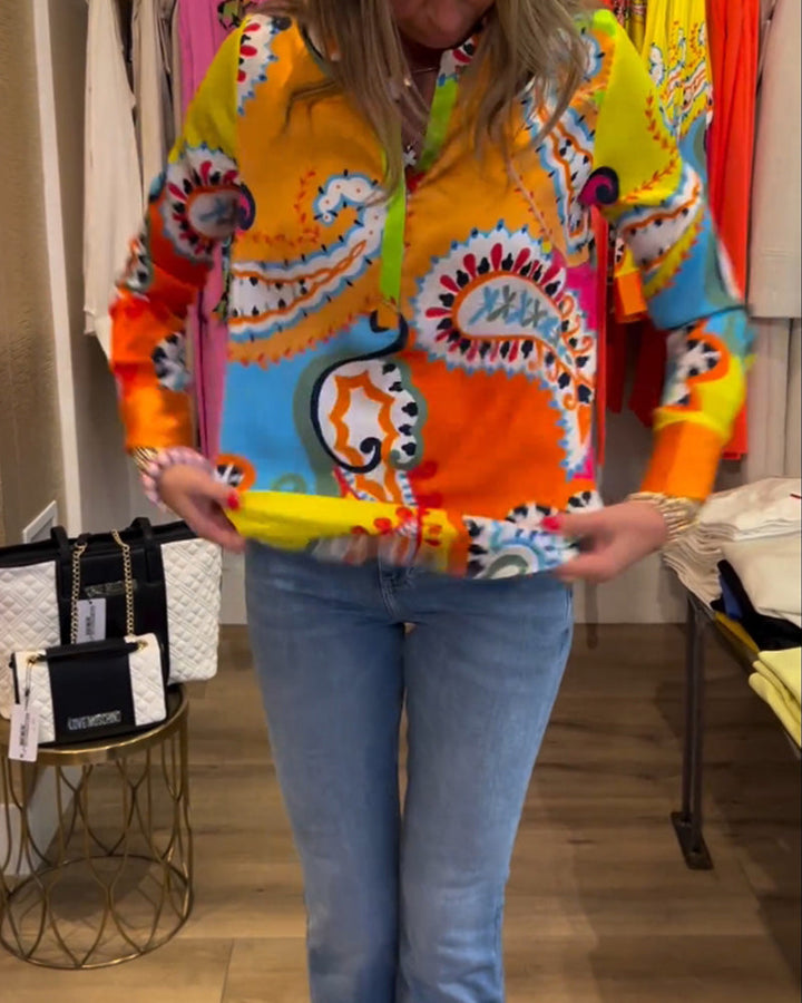 Blouse manches longues col V imprimé coloré